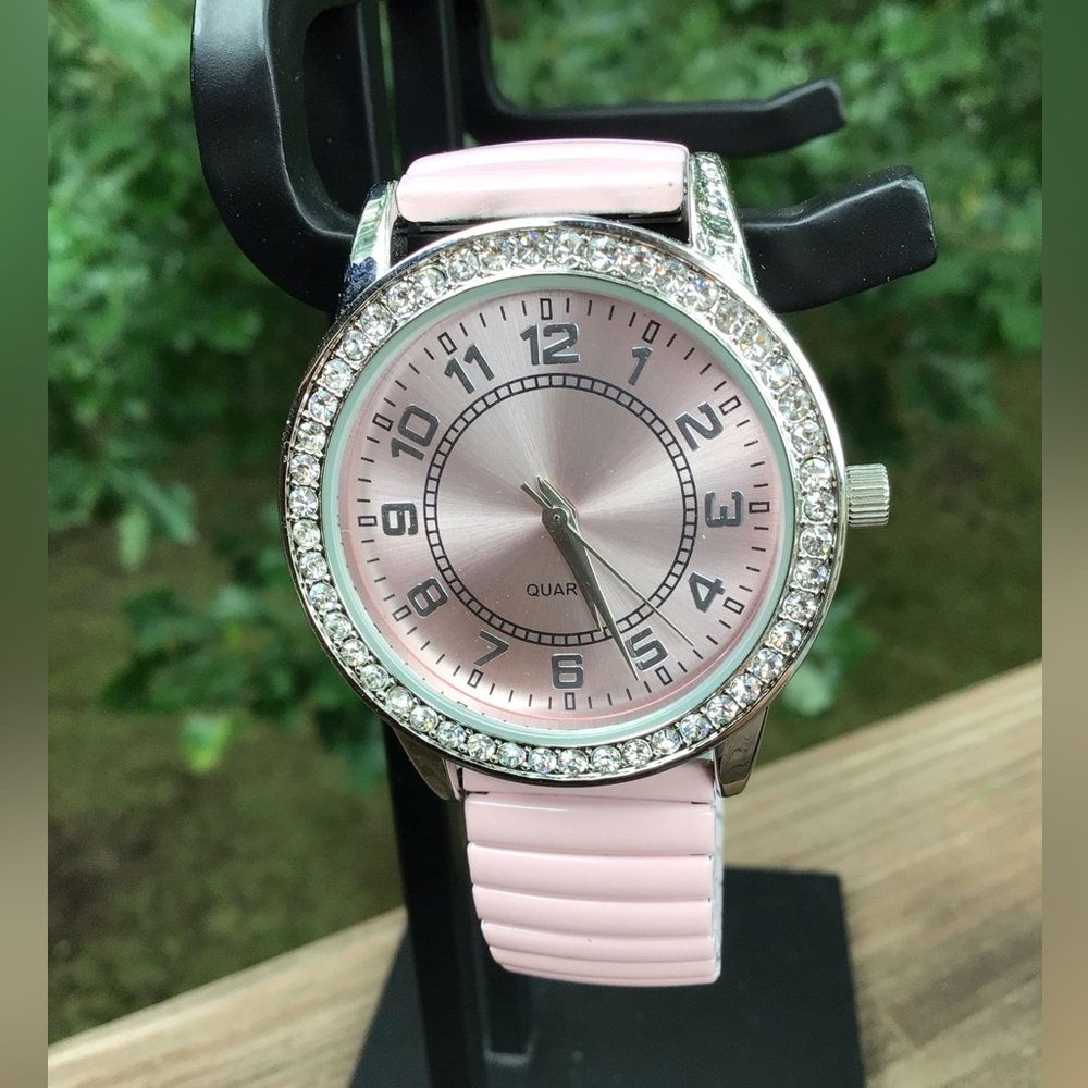 Pink Quartz Watch with Rhinestone Bezel